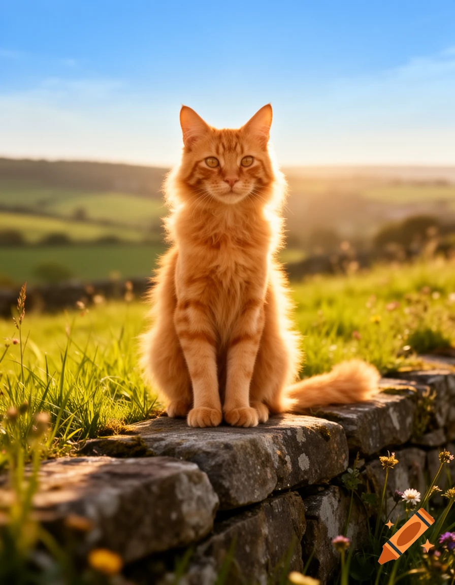 A fluffy ginger cat sits on a mossy stone wall in a sunny, green field under a clear blue sky.