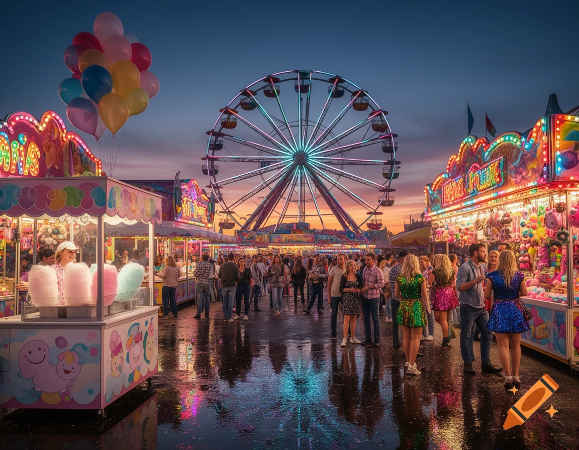 A bustling carnival at dusk, with a large, colorful Ferris wheel illuminated against a twilight sky. Crowds gather around brightly lit game and food stalls with reflections on the wet ground.