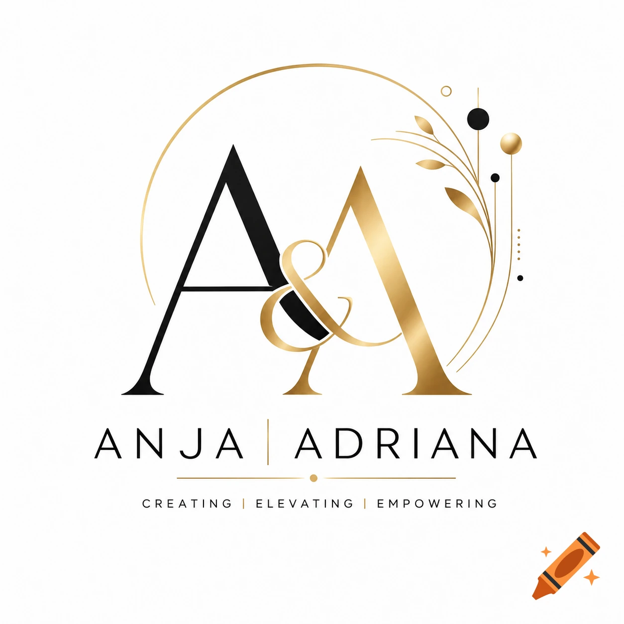 Elegant black and gold monogram logo with intertwined 'A' initials, ampersand, gold circle, and text 'ANJA ADRIANA' 'CREATING | ELEVATING | EMPOWERING'.