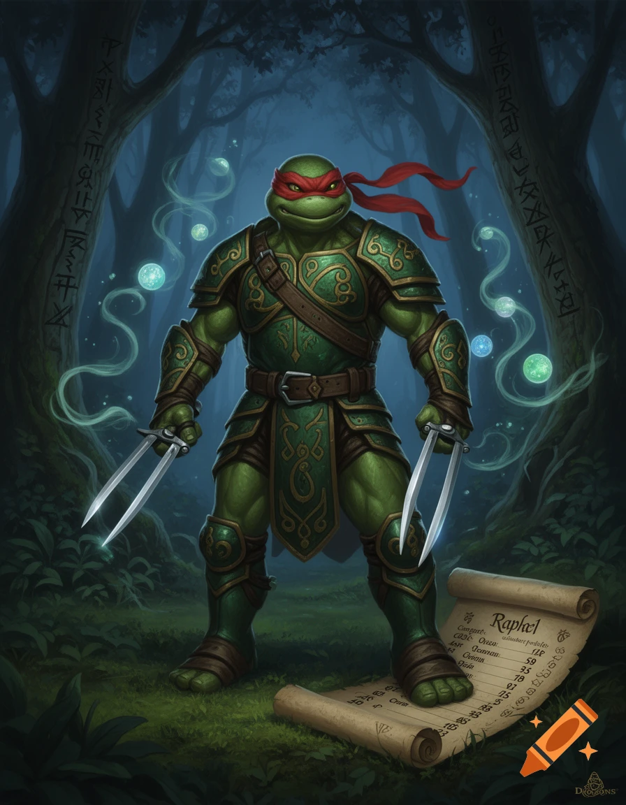 Raphael from TMNT in ornate green fantasy armor, holding sai, standing in a magical forest with a scroll and glowing orbs.