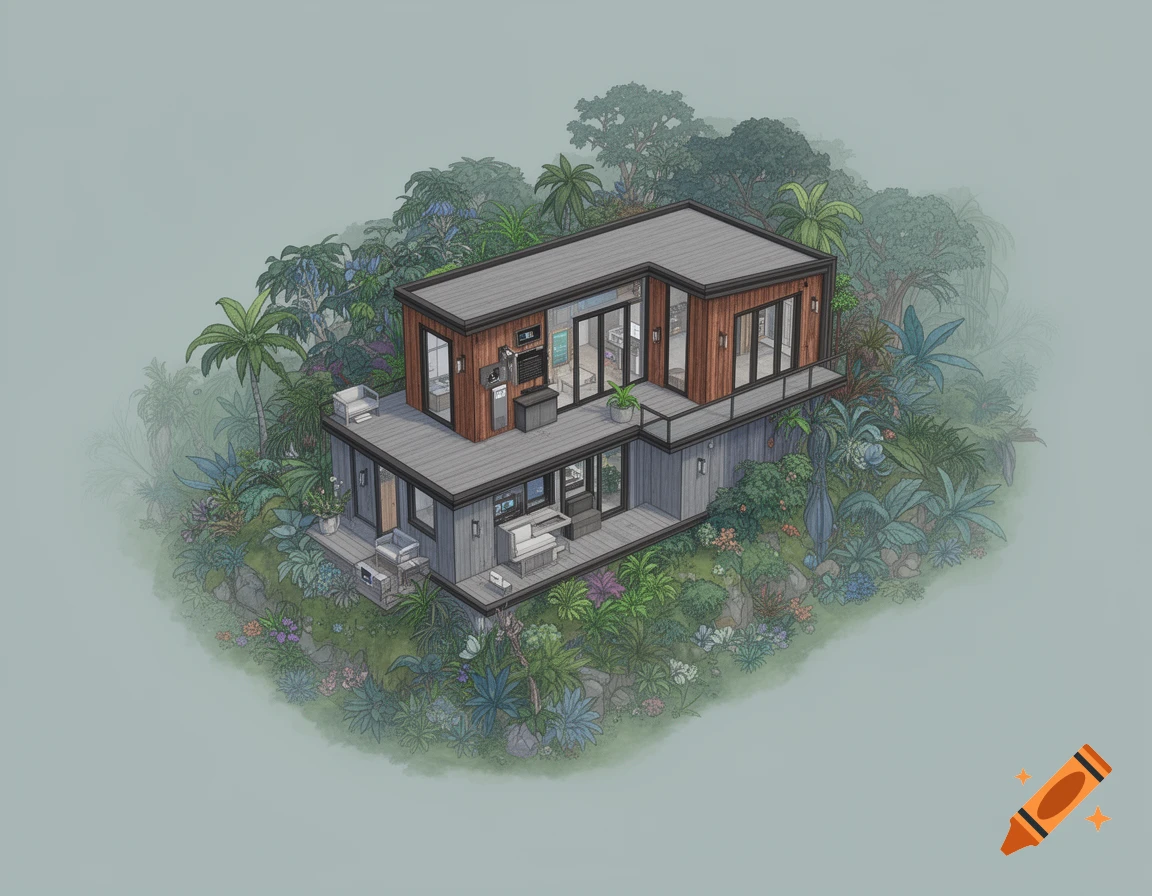 A detailed isometric illustration of a modern, multi-level tiny home nestled in a lush jungle environment.