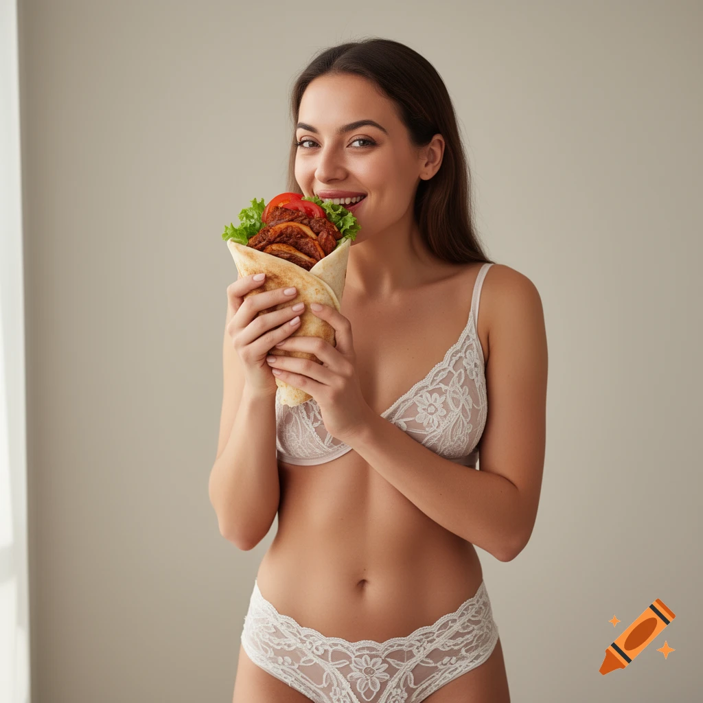 A smiling woman in white lace lingerie holds a large doner kebab close to her mouth, ready to eat.