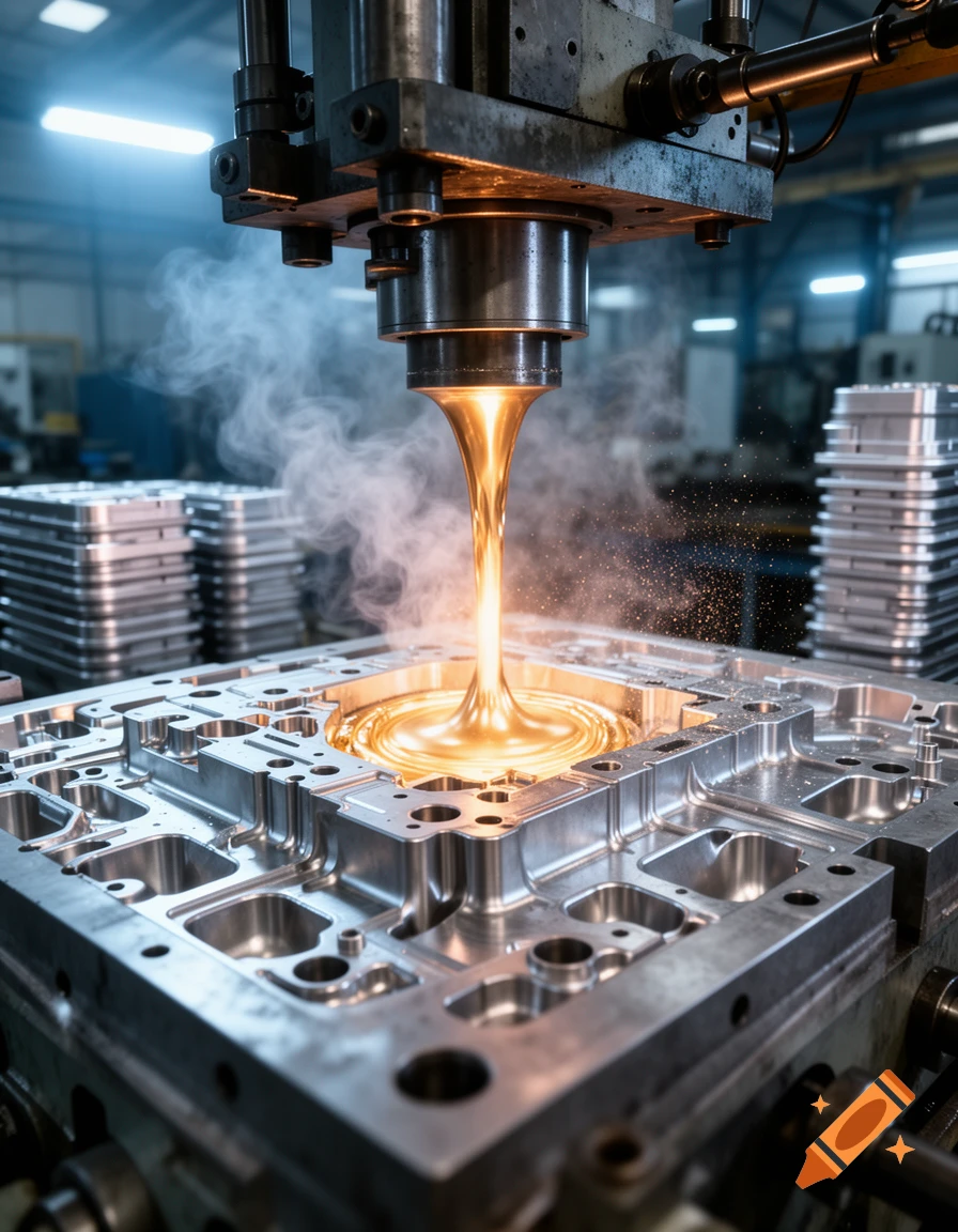 Molten metal being poured from a die-casting machine into a complex metal mold, generating steam and sparks.