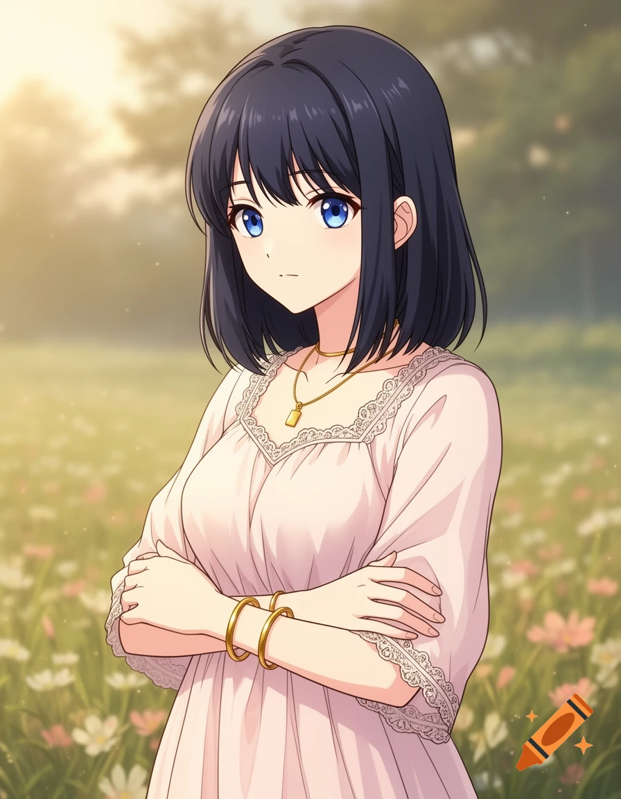 Anime girl with dark hair and blue eyes, wearing a white dress and gold bracelets, standing with arms crossed in a sunny wildflower field.