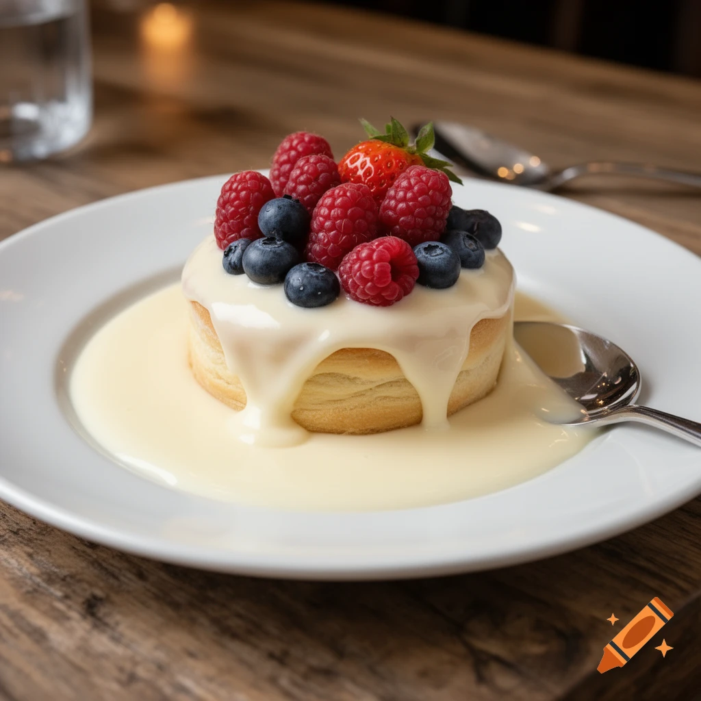 Photorealistic image of a round dessert covered in white cream sauce, topped with raspberries, blueberries, and a strawberry, on a white plate with a spoon.