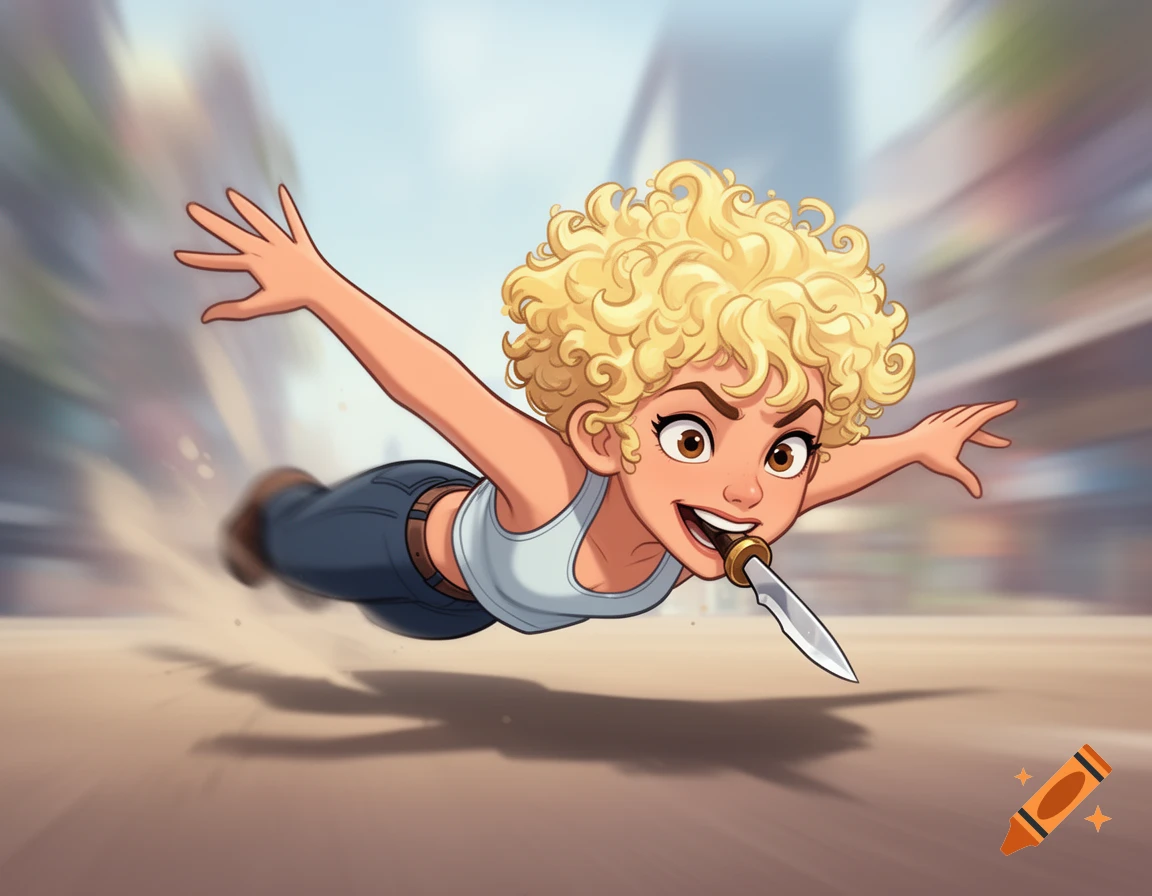 A dynamic cartoon of a young woman with curly blonde hair flying through the air, holding a knife in her mouth. The background is blurred with motion.