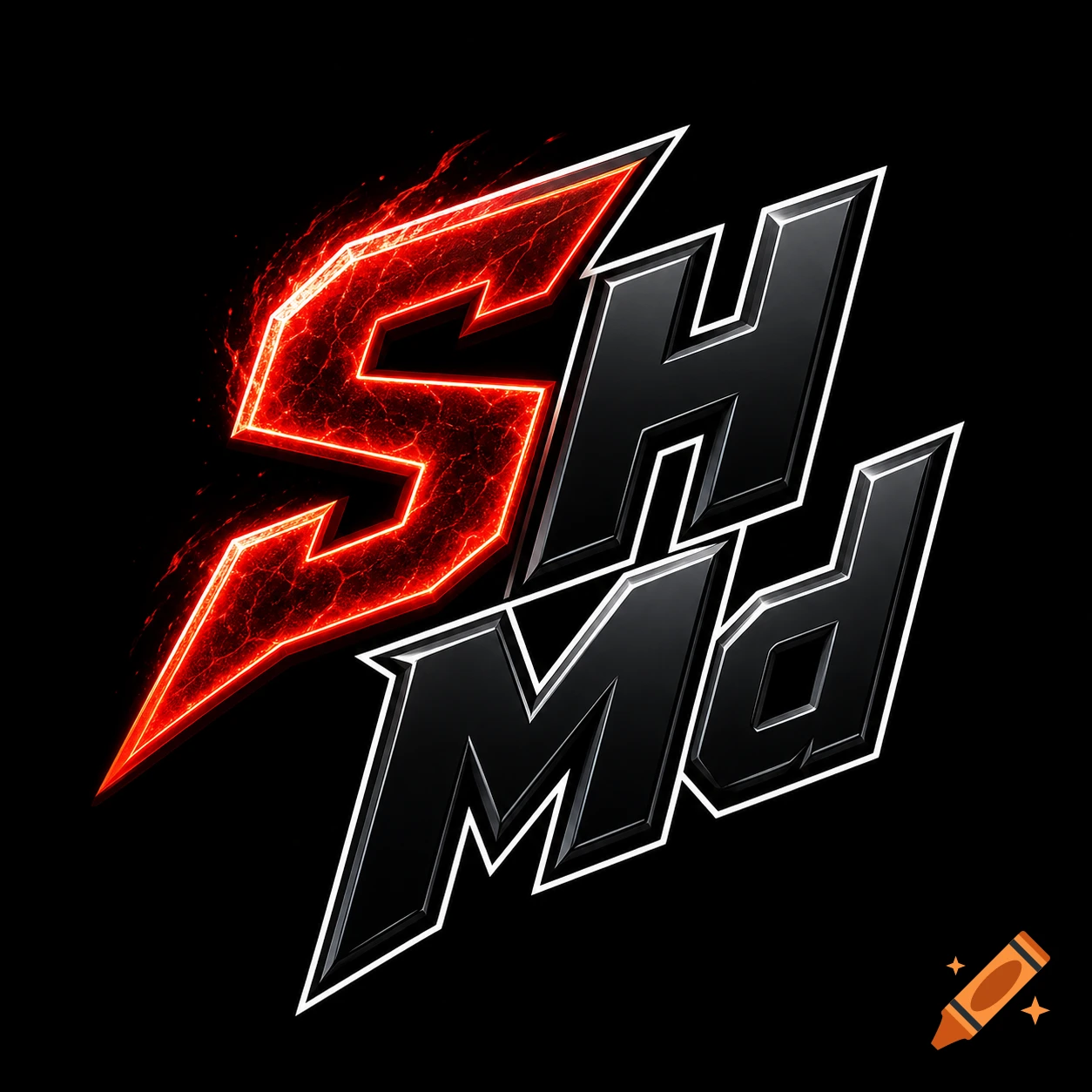 A fiery red 'SH' above glossy black 'Md' gaming logo on a black background.