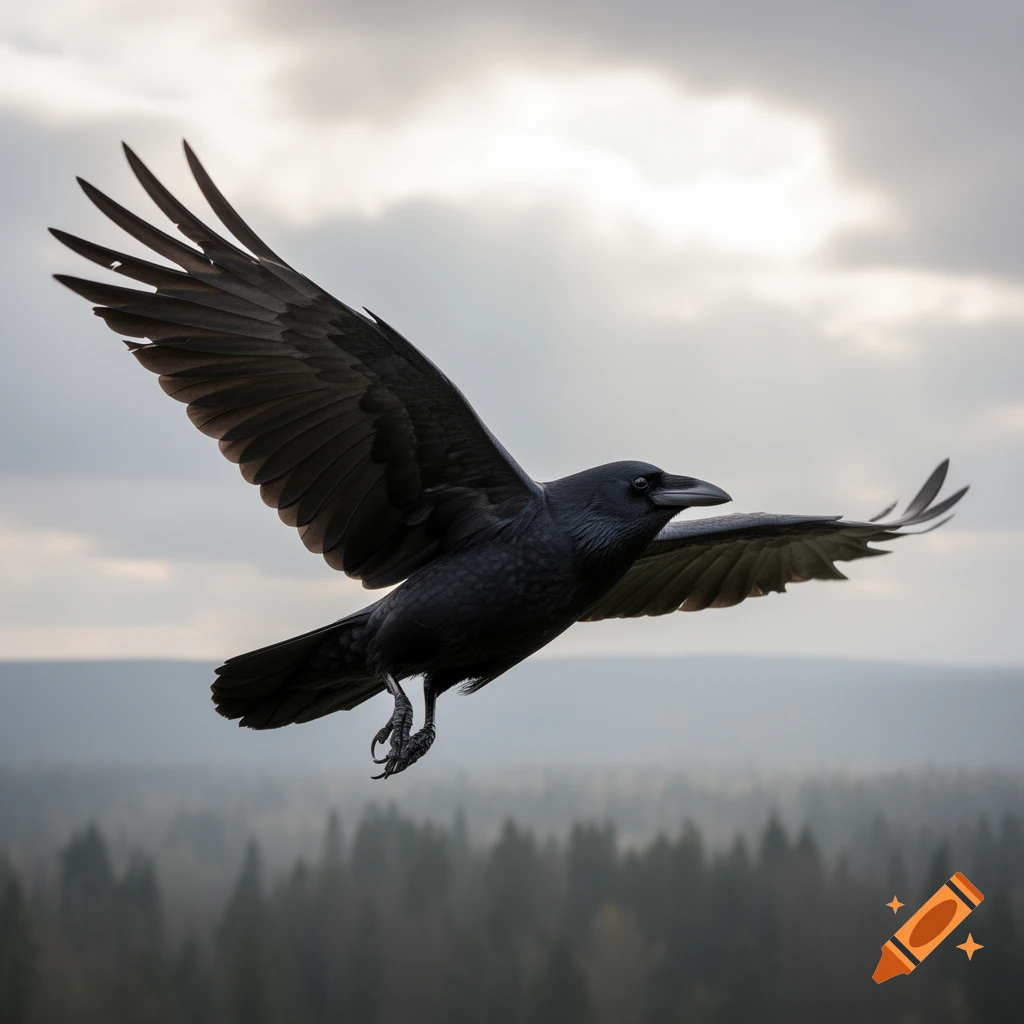 A photorealistic black raven flies with outstretched wings against a cloudy sky above a misty forest.