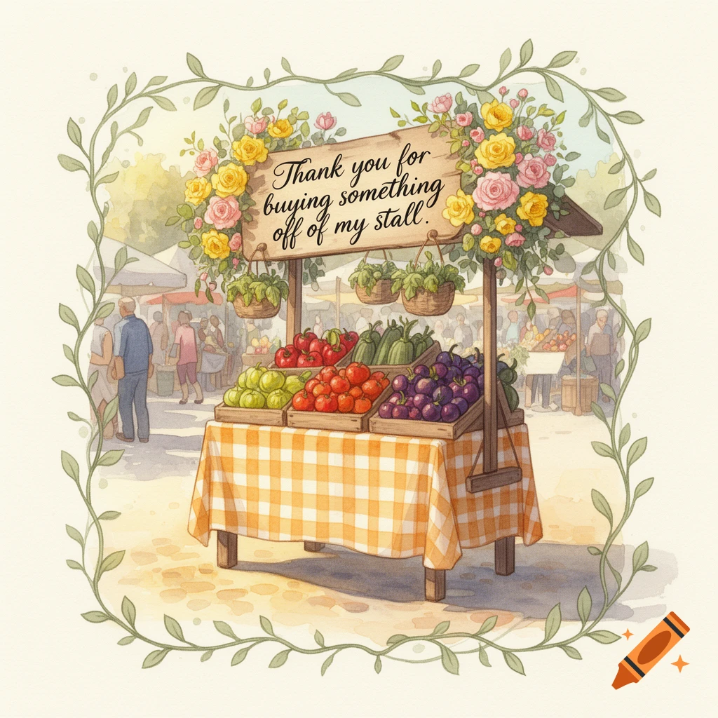 Watercolor illustration of a charming market stall with colorful fruits on a checkered tablecloth and a sign that says, 'Thank you for buying something off of my stall.'