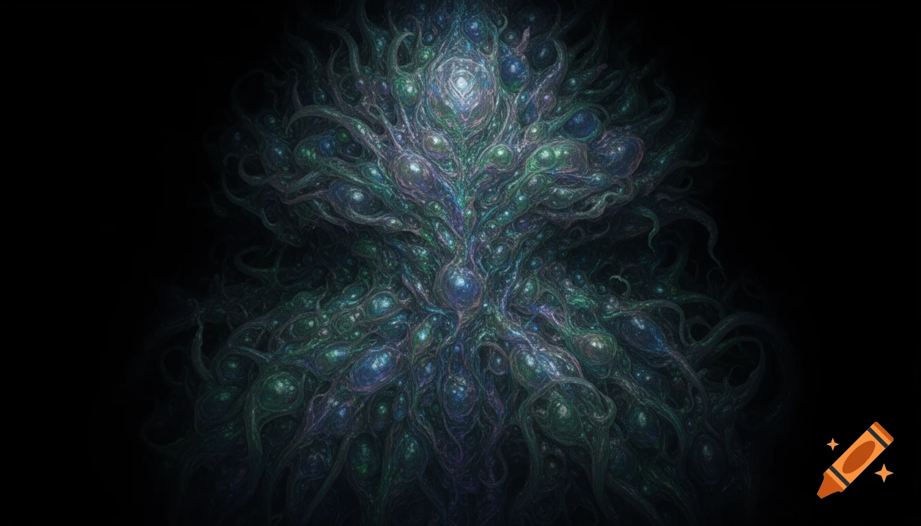 Abstract organic entity with glowing blue, green, and purple tendrils and bulbs on a dark background.