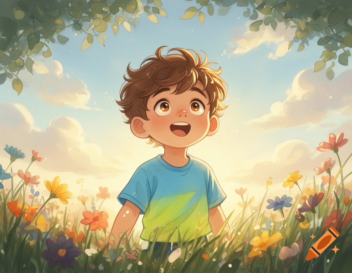 Cartoon boy with messy brown hair looking up happily, standing in a vibrant field of colorful flowers under a sunny sky, framed by green leaves.