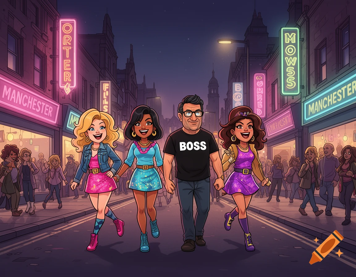 Cartoon of four friends, three women and one man, walking down a vibrant, neon-lit Manchester street at night, with a lively crowd in the background.