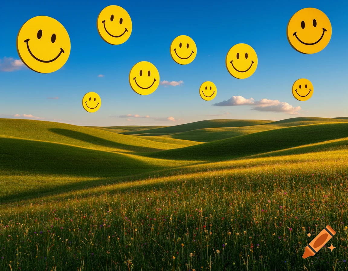 Rolling green hills under a blue sky, with several yellow smiley faces floating above.