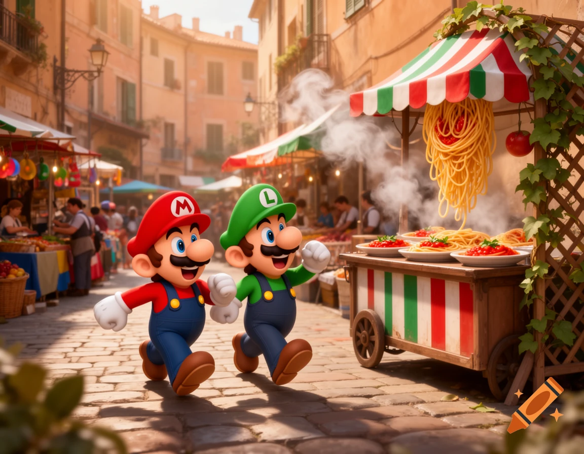 Mario and Luigi run through a bustling Italian market street past a steaming spaghetti stand.