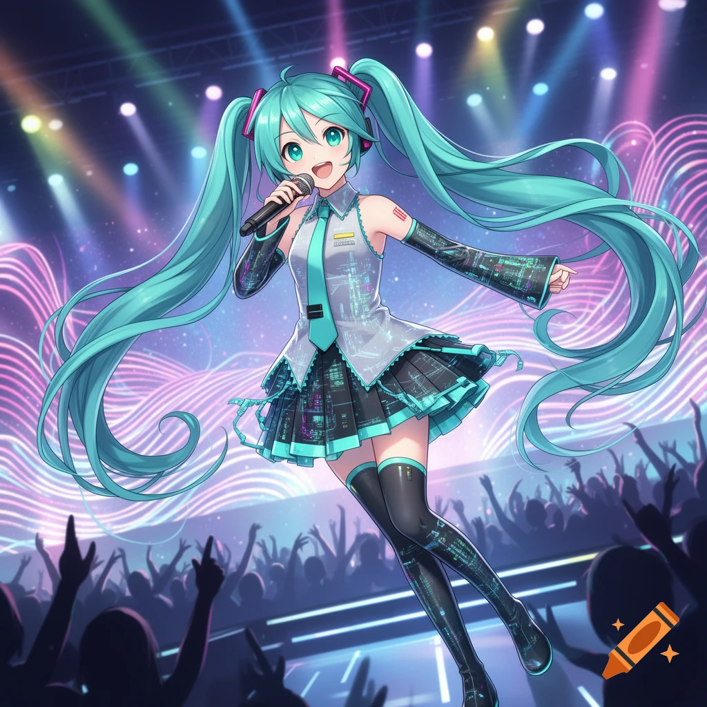 An anime girl with long teal pigtails, wearing a futuristic outfit, sings into a microphone on a stage with a cheering crowd under colorful spotlights.