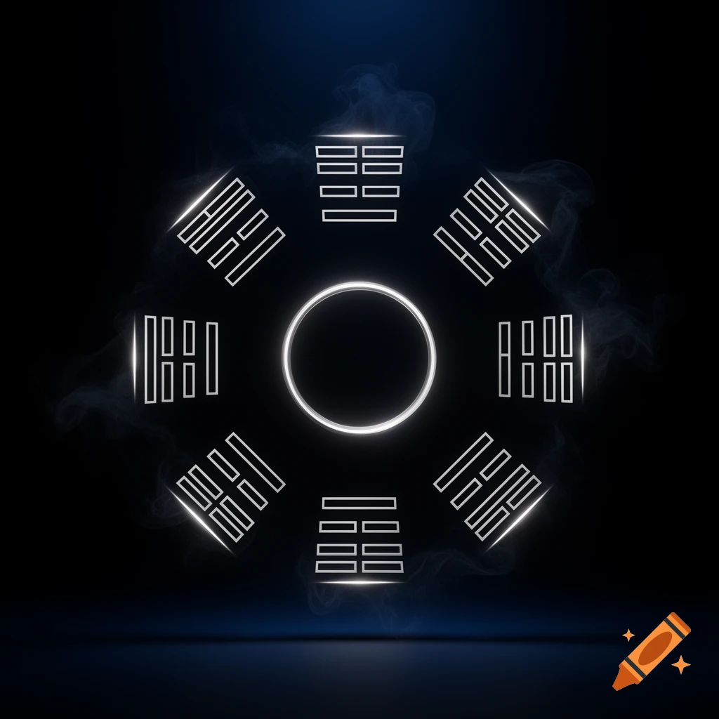 White glowing Bagua trigrams circularly surround a central glowing Wuji circle against a dark, smoky background.