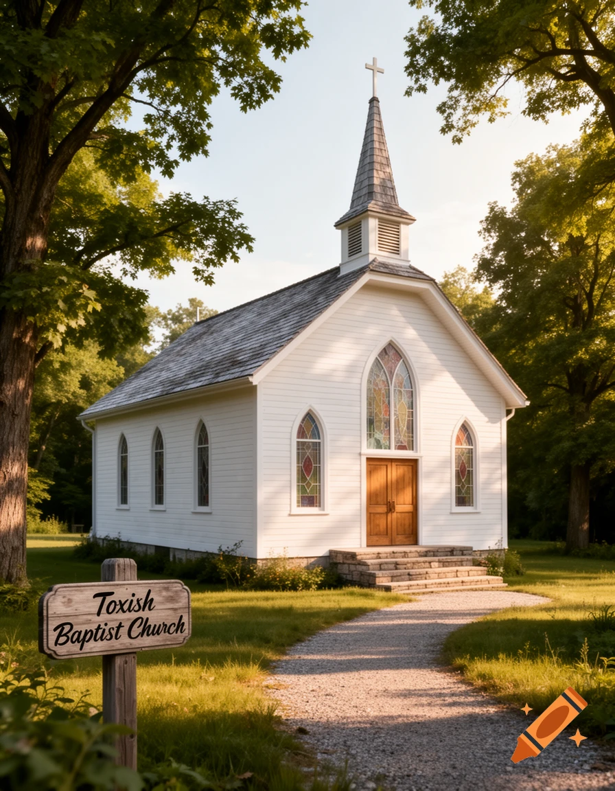 A white country church with a tall steeple and stained-glass windows, nestled among green trees, with a sign reading 'Toxish Baptist Church' beside a gravel path.