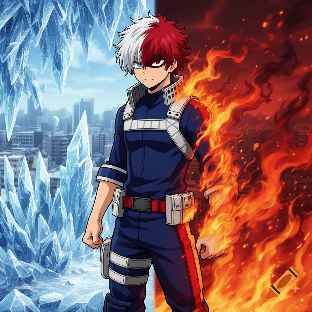 Anime character Shoto Todoroki, half covered in ice and half in flames, stands before a cityscape.