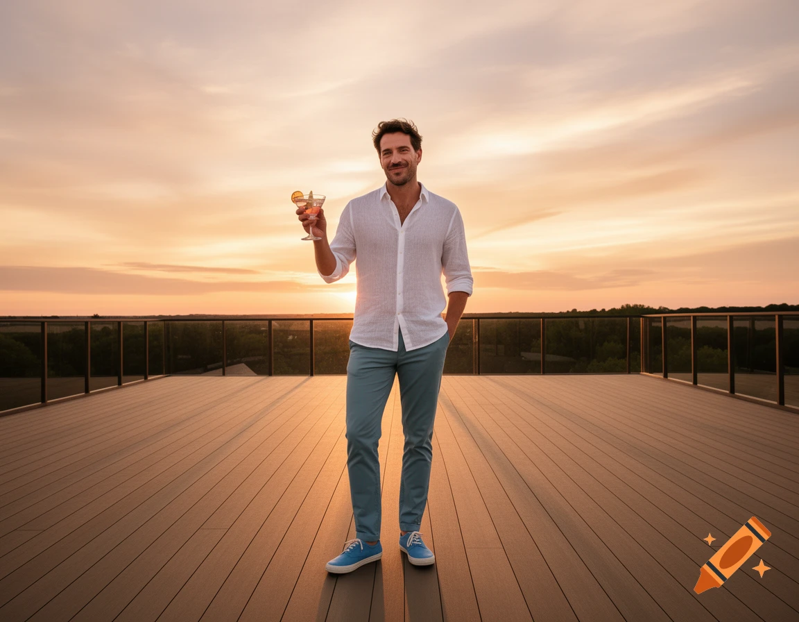 A man in a white shirt and blue pants holds a cocktail on a wooden deck during sunset.