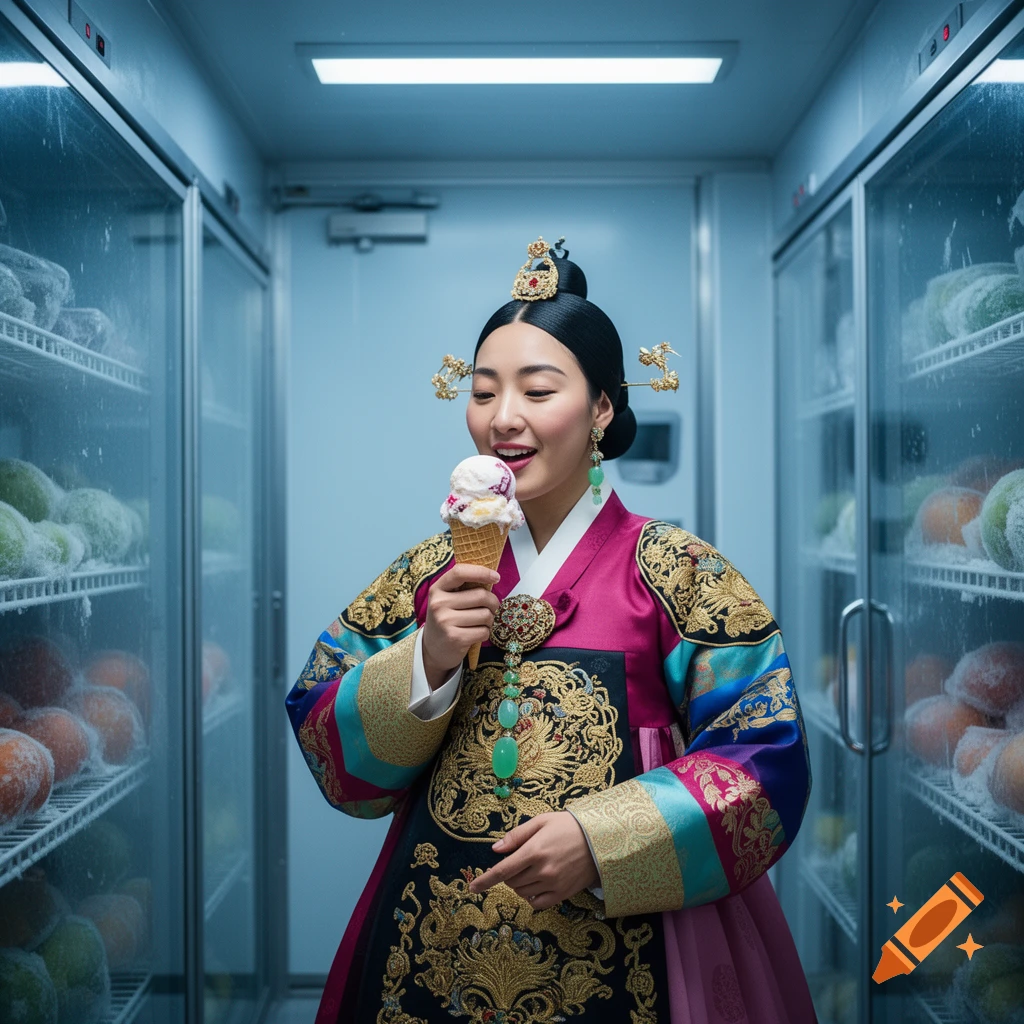 A photorealistic image of a woman in elaborate traditional Korean hanbok eating ice cream in a walk-in freezer with shelves of frozen food.