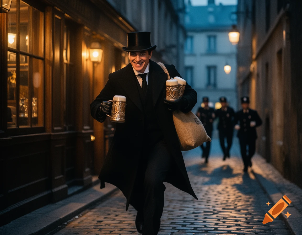 A man in a top hat and dark coat, holding two beer steins and a sack, runs down a cobblestone alley away from blurred police officers.