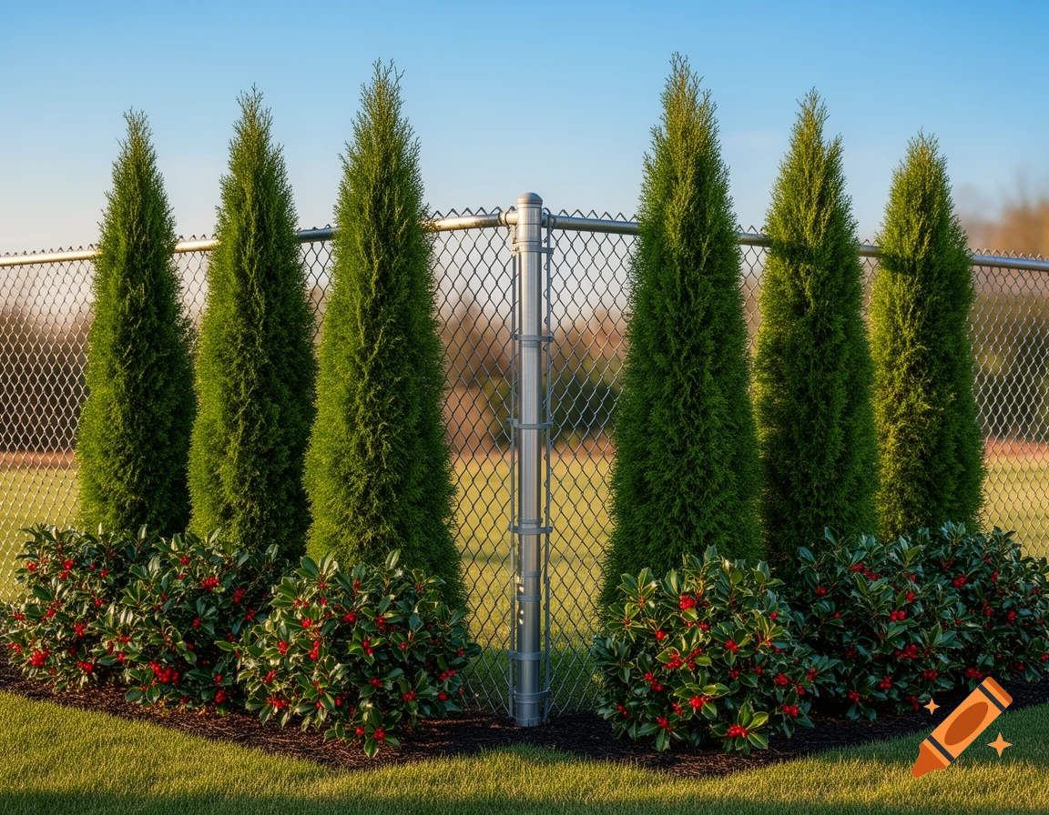 A chain link fence bordered by tall emerald green arborvitae trees and a row of green Oakland holly bushes with red berries, under a clear blue sky.