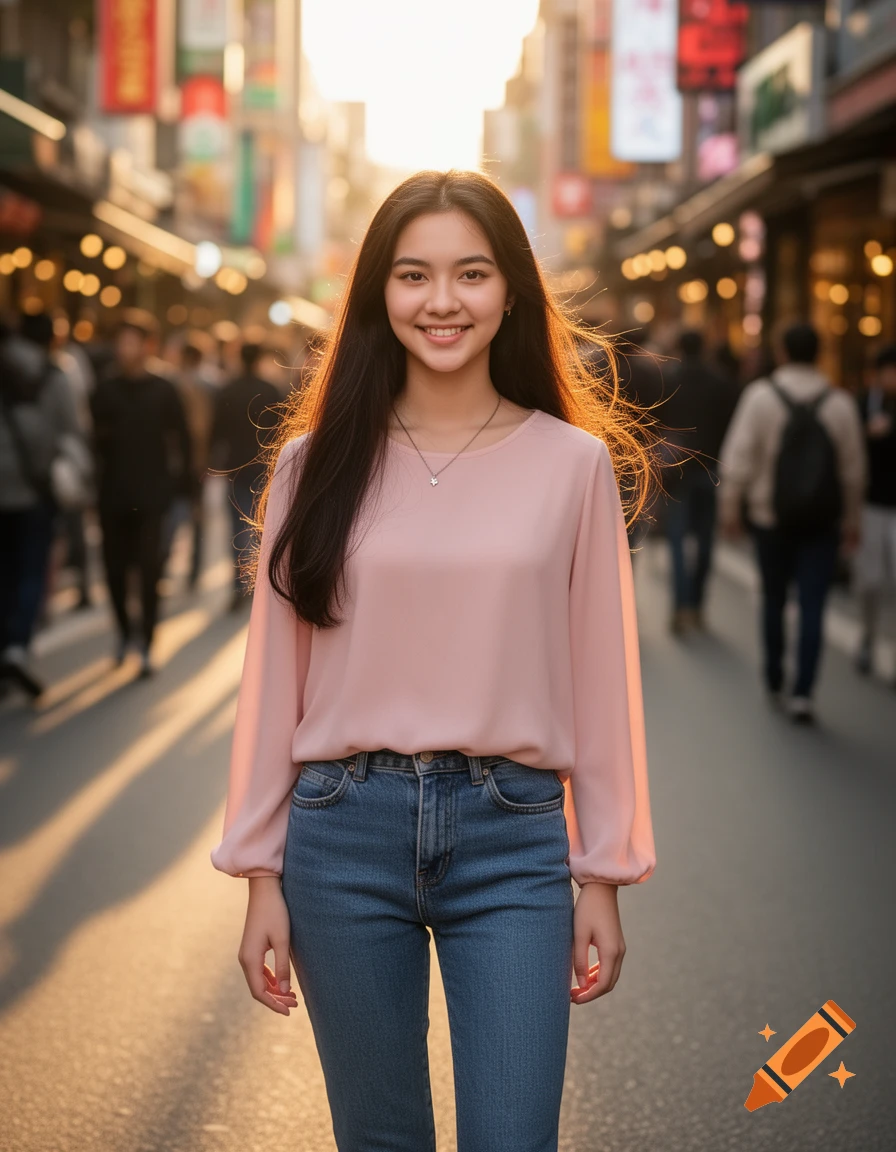 Photorealistic portrait of a smiling young woman with long dark hair in a pink blouse and jeans, standing on a bustling city street at sunset.