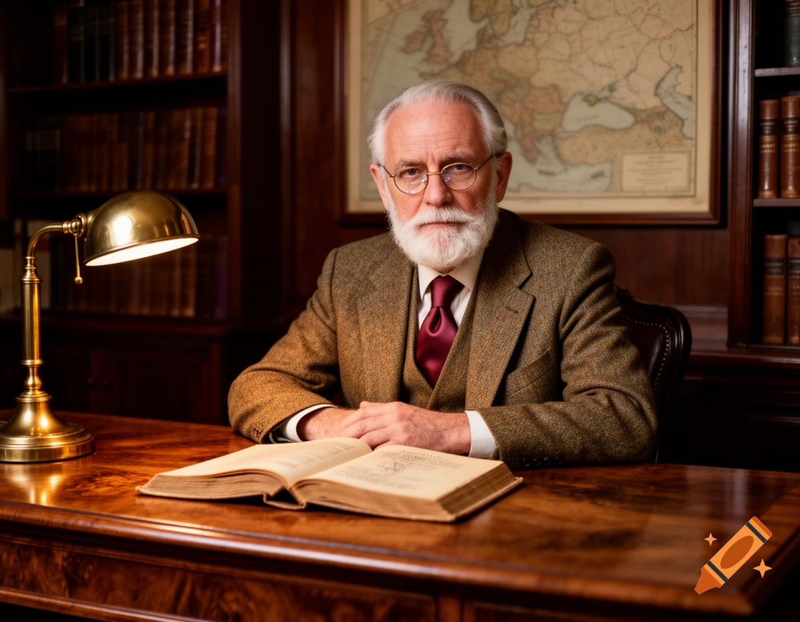 A distinguished older man with a white beard and glasses sits at a wooden desk with an open book in a library setting, with a map behind him.