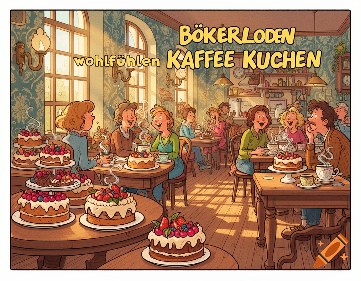 Comic art illustration of people enjoying coffee and cakes in a warm, bustling cafe with large fruit-topped cakes on display.