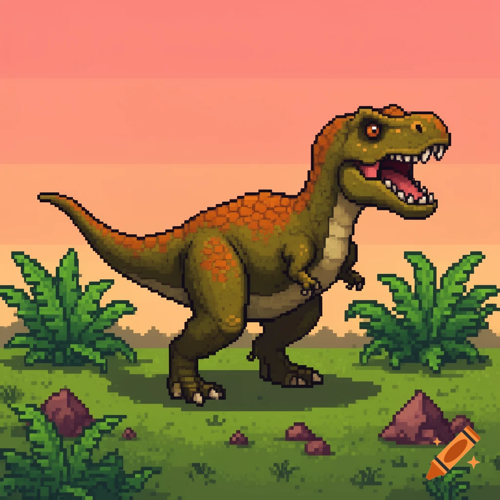 A pixel art T-Rex dinosaur with green and orange scales stands on grassy ground under a striped orange and pink sky.