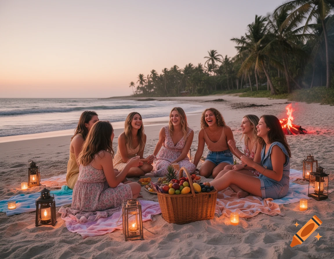 Six young women laugh together at a beach picnic during sunset, surrounded by glowing lanterns and a distant bonfire.
