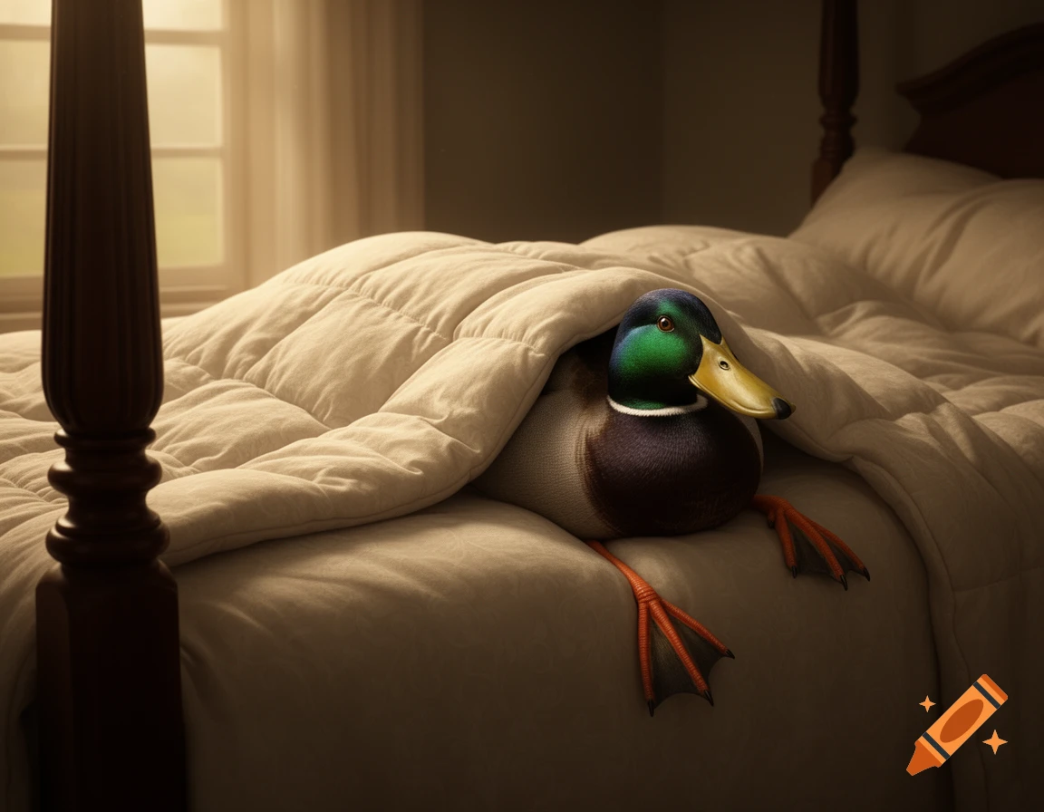A realistic mallard duck lies in a bed under a white comforter, with its head and orange webbed feet sticking out.