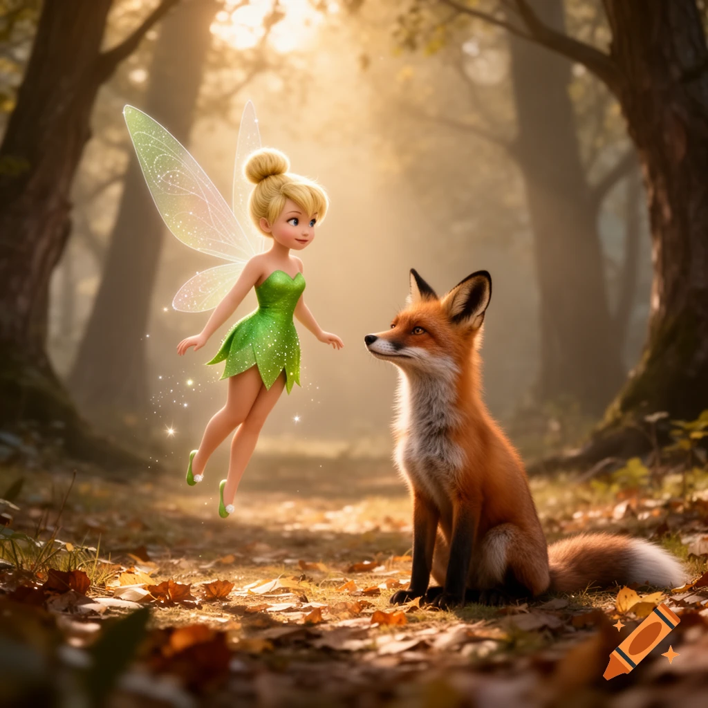 Tinkerbell, a small fairy with glowing wings, floats above a seated red fox on a sunlit autumn forest floor.