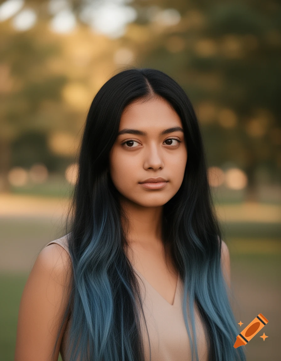 A young woman with light brown skin and long black hair with blue-tinted ends looks away in an outdoor setting.