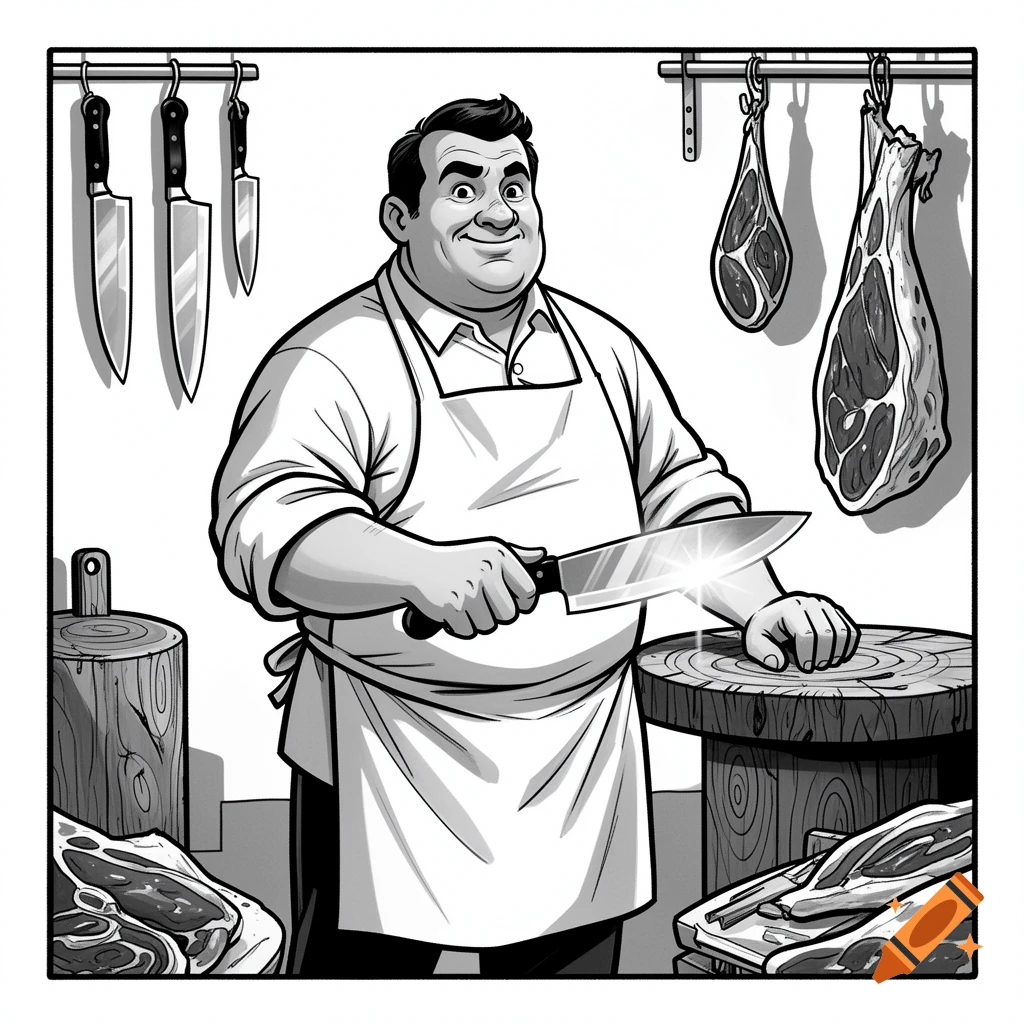 A smiling cartoon butcher in an apron sharpens a knife on a cutting block, with hanging meat and knives in the background, in black and white.