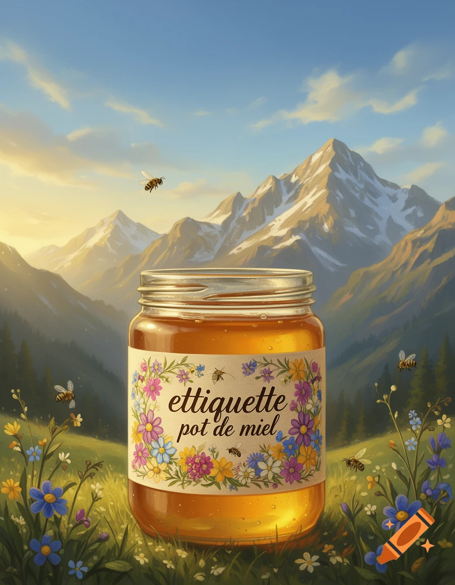 A jar of honey with a floral label and bees in a vibrant mountain meadow under a clear sky.