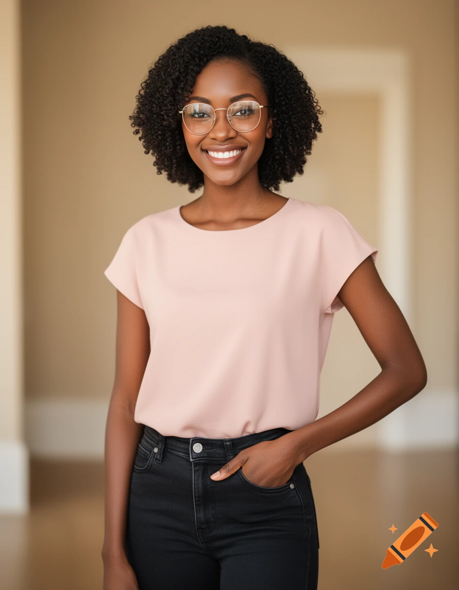 A smiling Black woman with curly hair and glasses wears a pink top and black jeans while standing indoors.