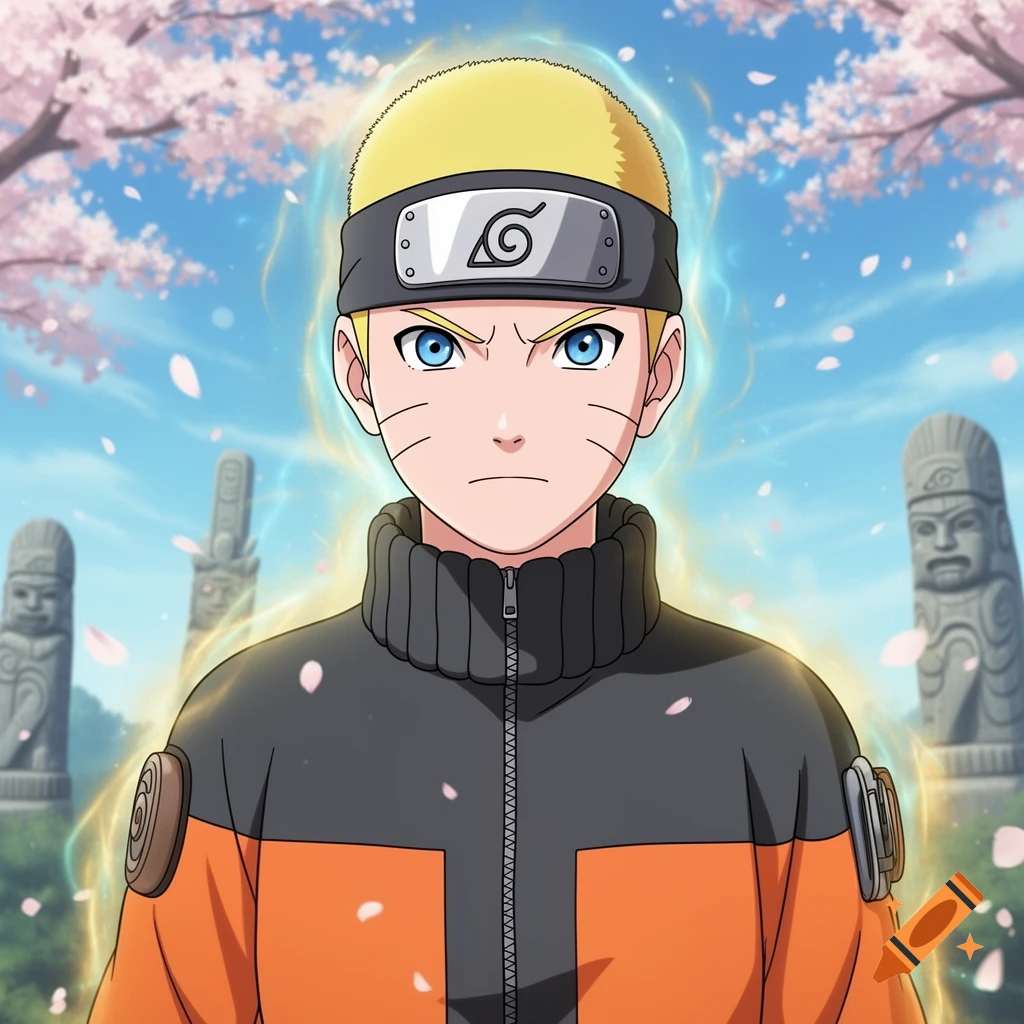 Anime illustration of Naruto with a determined expression and a buzzcut, glowing with an aura amid falling cherry blossoms.