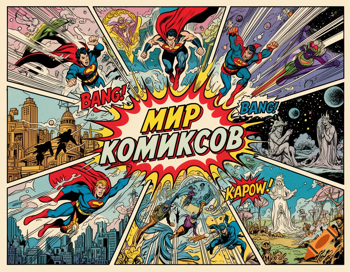 Comic book page in retro style depicting Superman in action across multiple panels, with Cyrillic text 'МИР КОМИКСОВ' and sound effects.