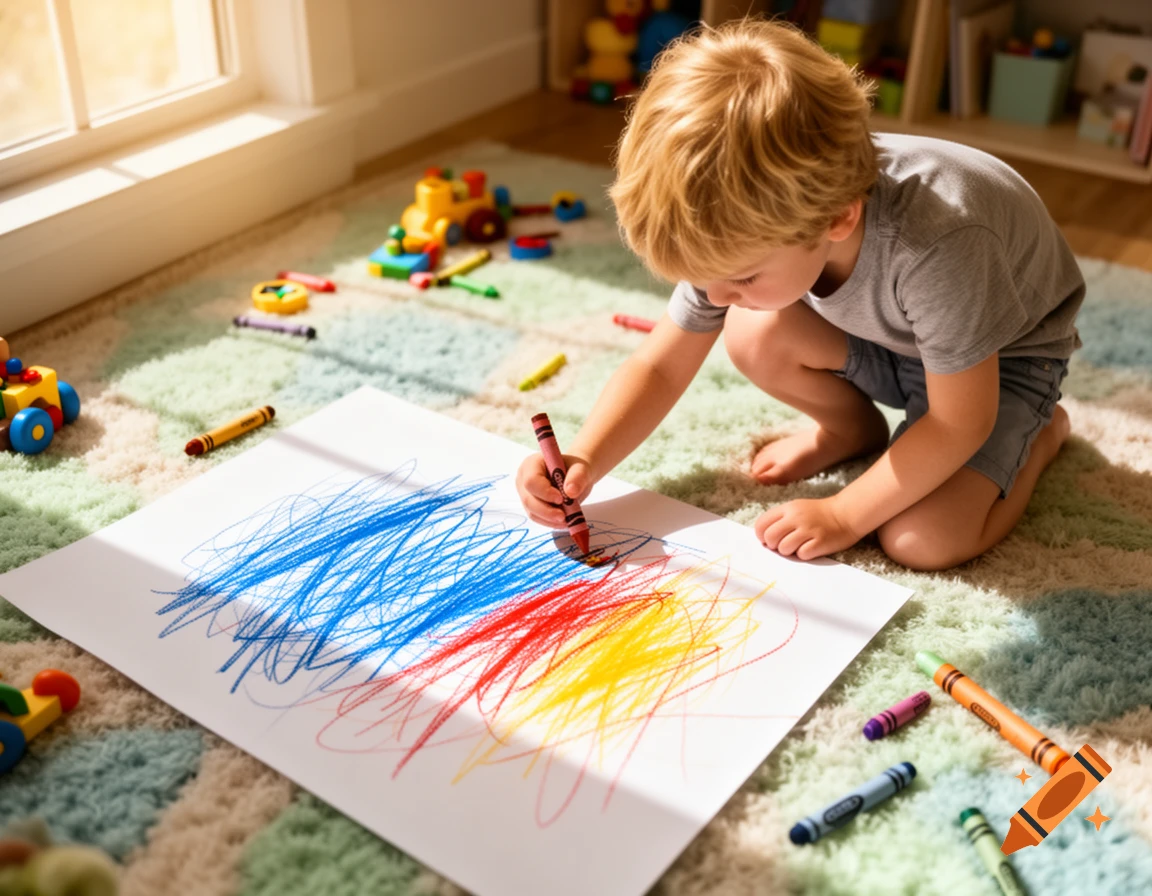 A young child crouches on a rug, coloring blue, red, and yellow scribbles on a large white paper with crayons, surrounded by toys.