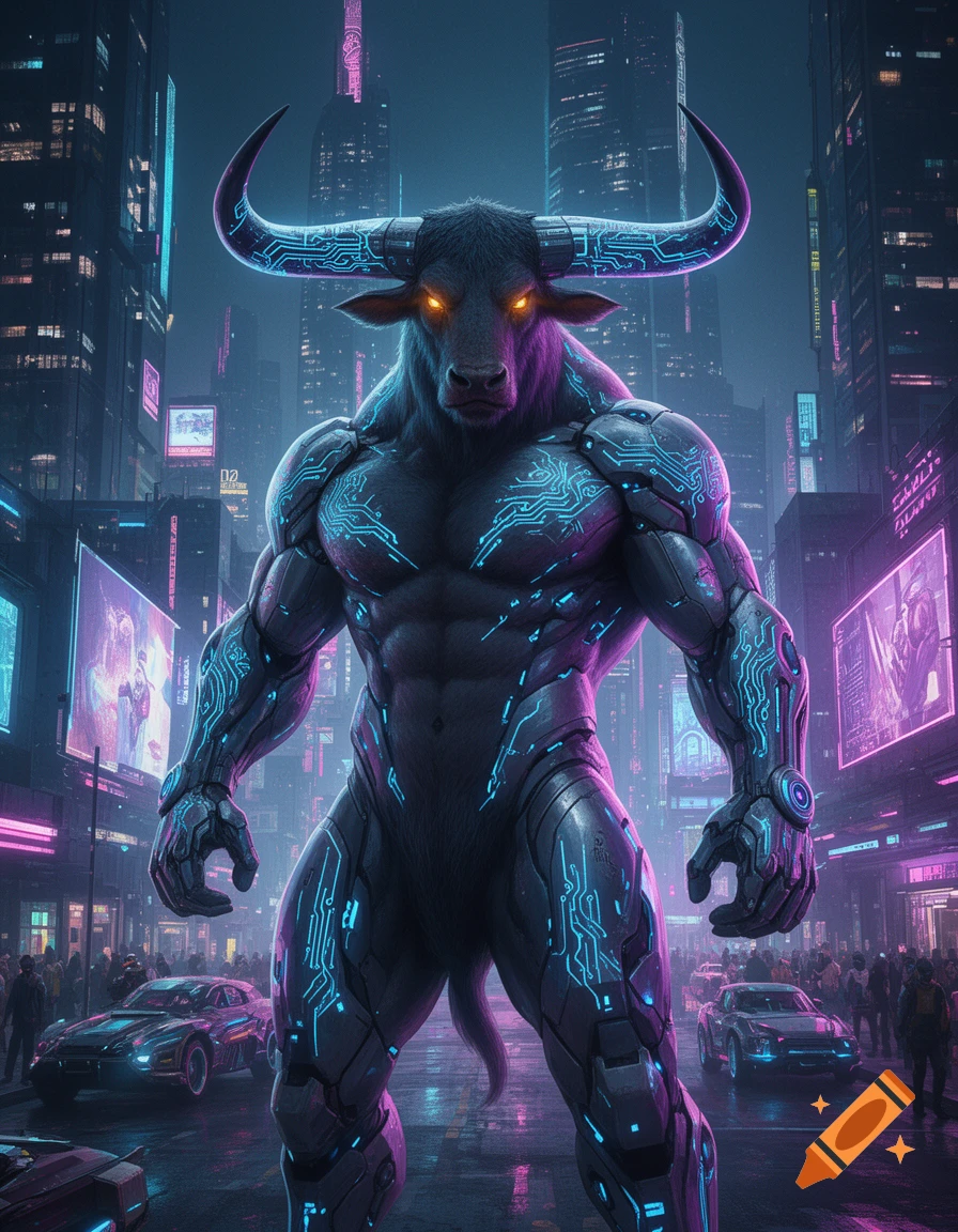 A muscular cyberpunk minotaur with glowing circuits stands in a neon-lit futuristic city.