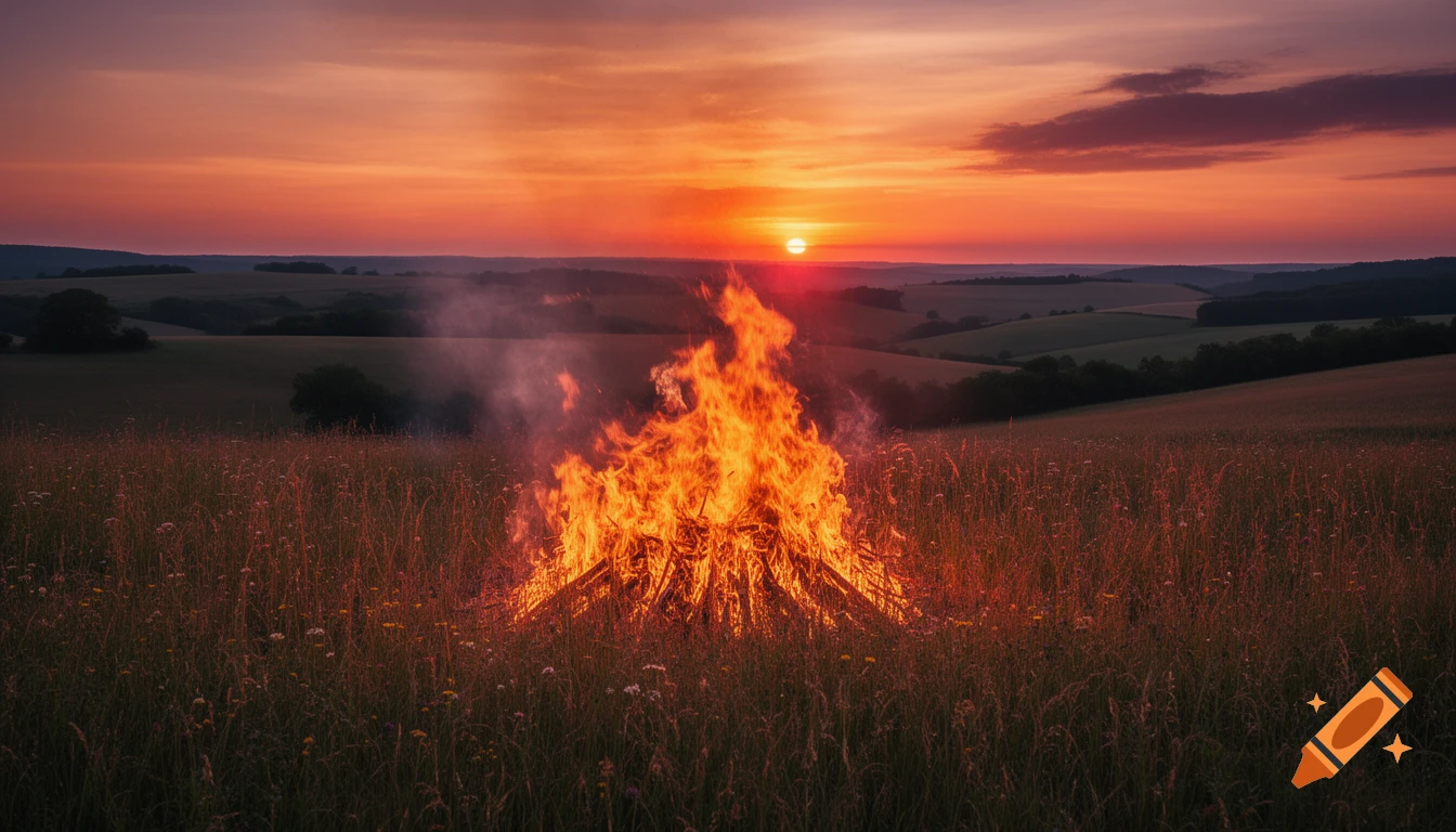 A large bonfire burns brightly in a grassy field under an orange and red sunset sky, with rolling hills in the distance.
