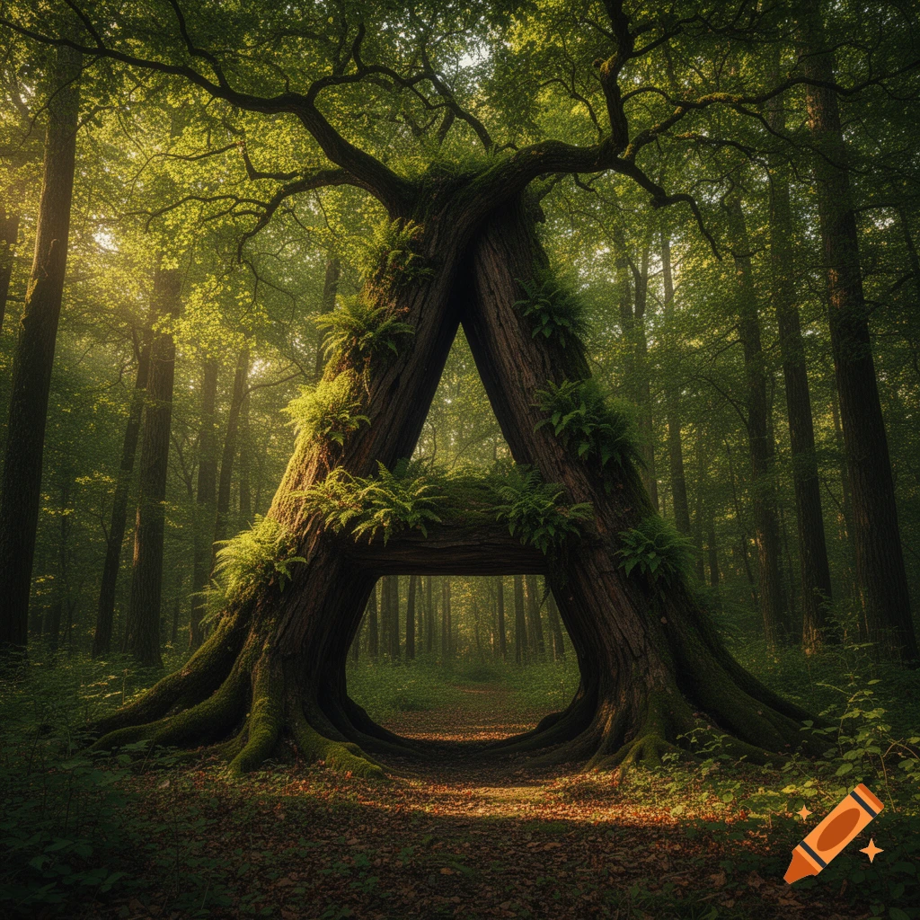A large, photorealistic tree shaped like the letter A stands in a sunlit, lush green forest.