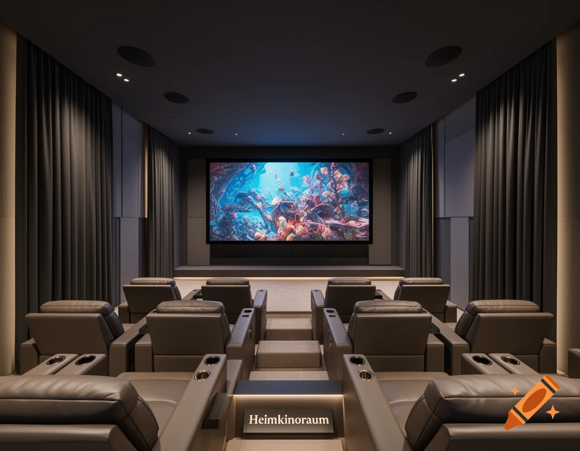 Modern, luxurious home cinema with dark decor, plush recliner seats, and a large screen displaying an vibrant underwater scene.