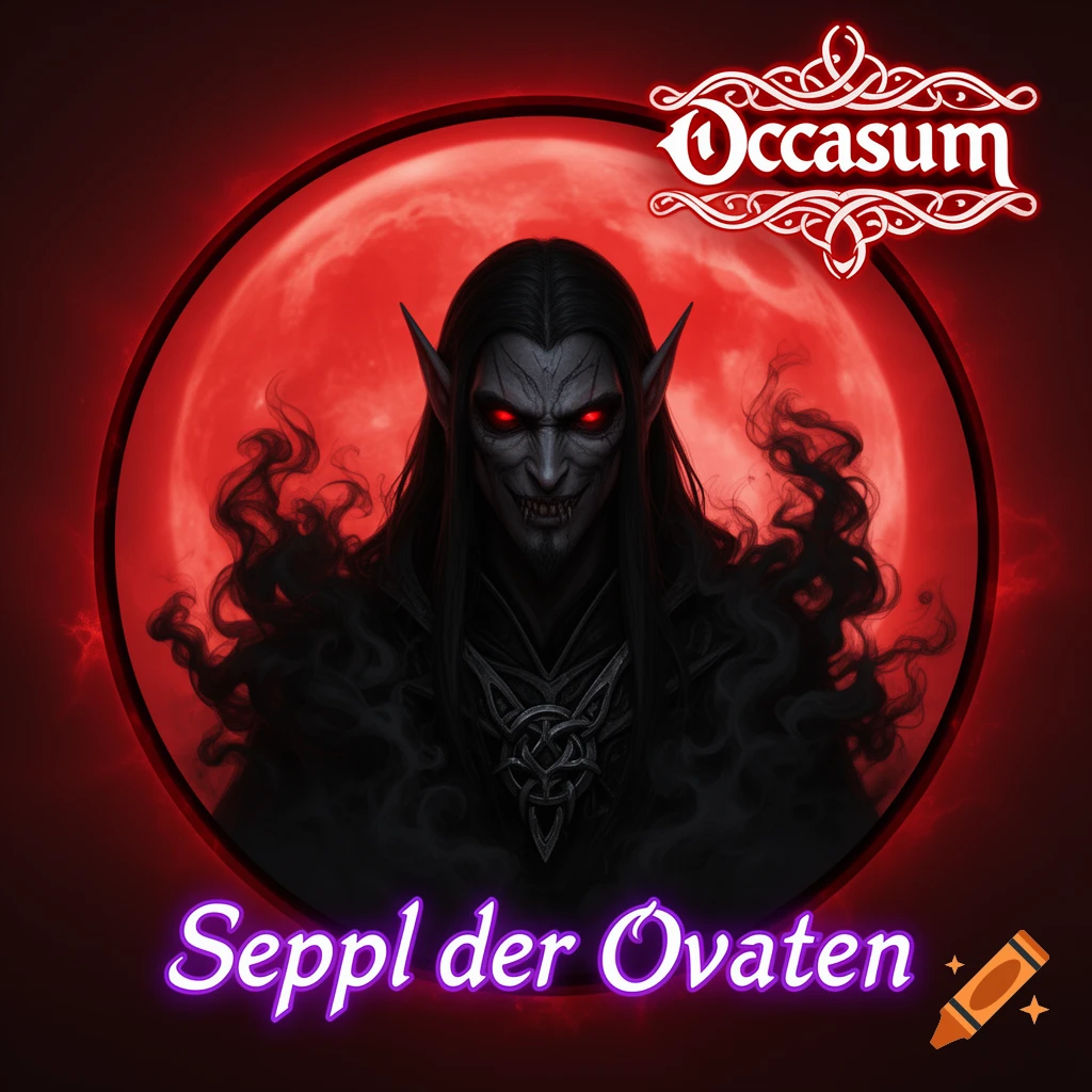 A dark fantasy avatar of a Drow cleric with red glowing eyes and a sinister smile, against a blood-red moon. Text reads 'Occasum' and 'Seppl der Ovaten'.