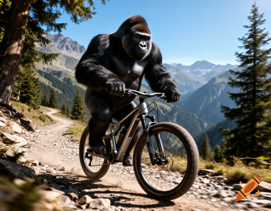 A photorealistic gorilla rides a mountain bike down a dirt trail in a sunny, tree-lined mountain landscape.