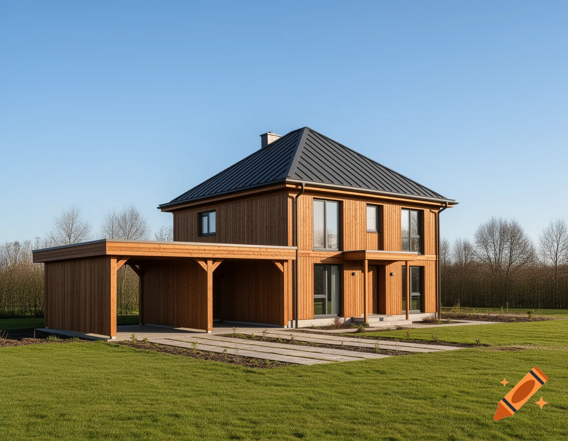 A modern two-story wooden house with a dark gabled roof and an attached carport, set on a green lawn against a clear blue sky.