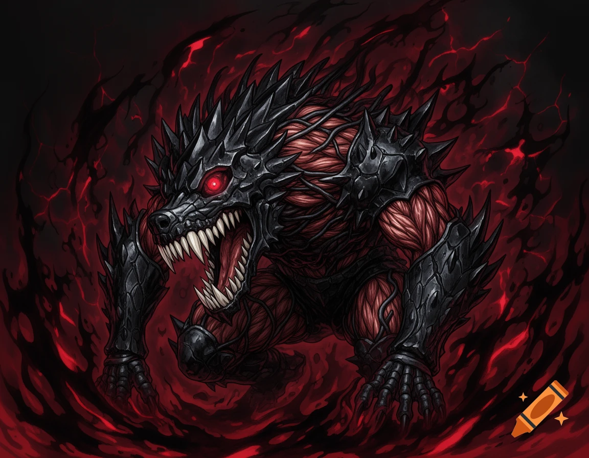 A monstrous black and red armored beast with glowing red eyes and exposed muscle, surrounded by dark energy.