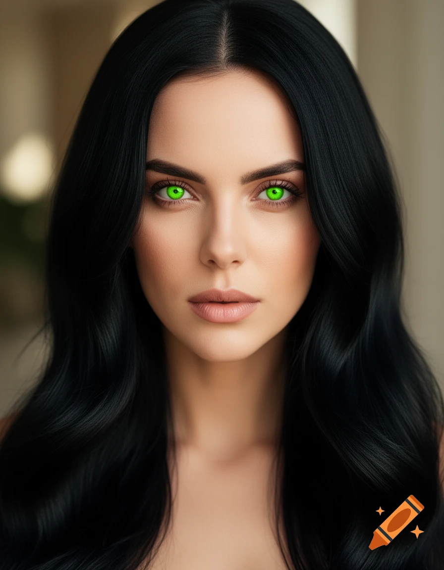 Close-up photorealistic portrait of a woman with long black wavy hair and striking bright green eyes, looking directly at the viewer.