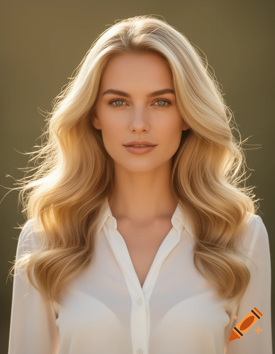 Photorealistic portrait of a beautiful blonde woman with wavy hair and blue eyes, wearing a white shirt.
